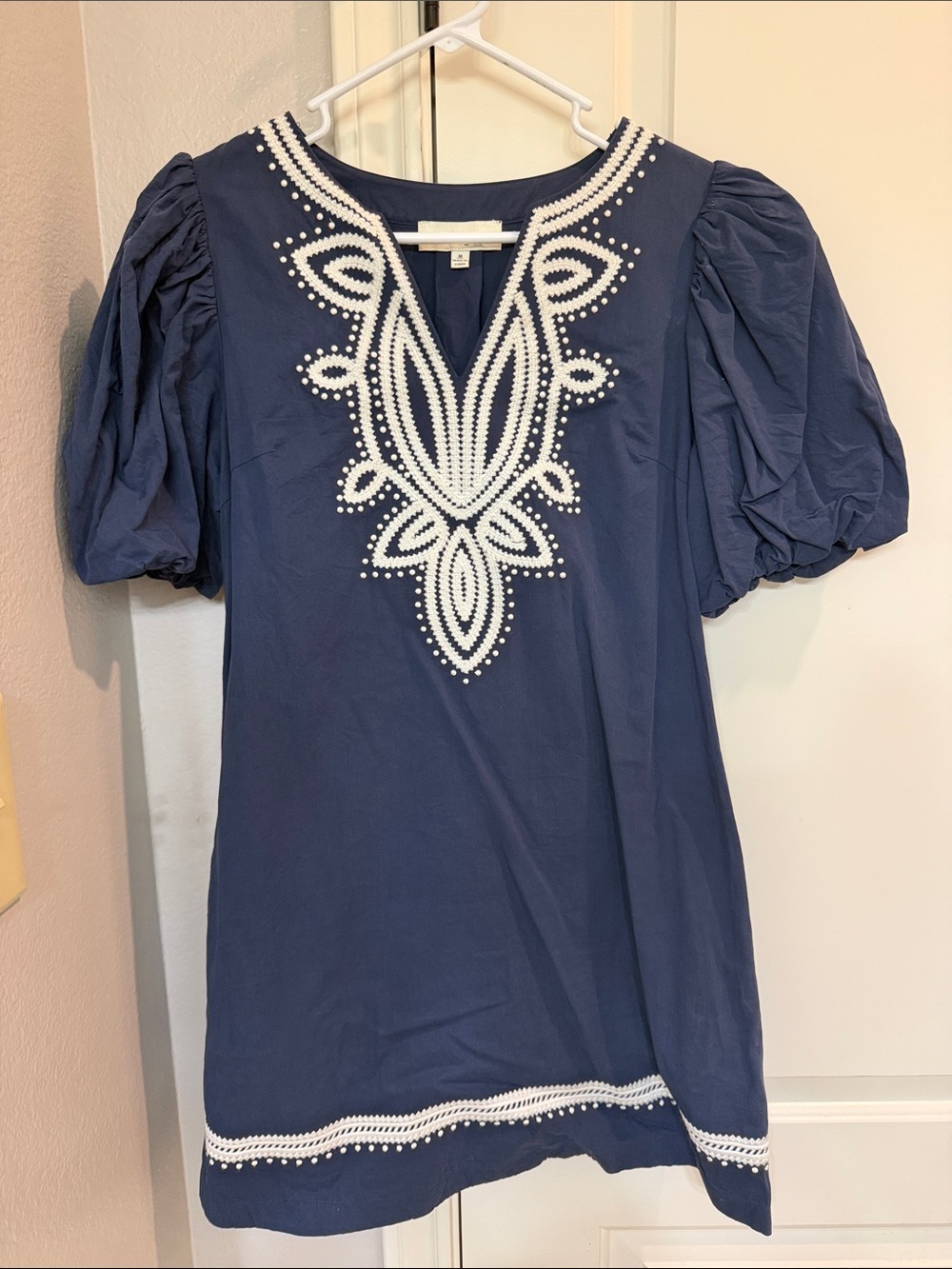 Pinch Navy Mini Dress with White Embroidered Yoke and Puff Sleeves